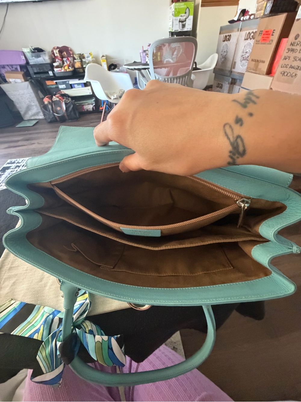 Structured Mint Green Top-Handle Satchel with Scarf - Picture 5 of 9
